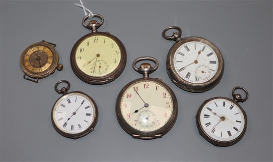 Five assorted continental white metal pocket/fob watches and a 9k wrist watch(a.f.).